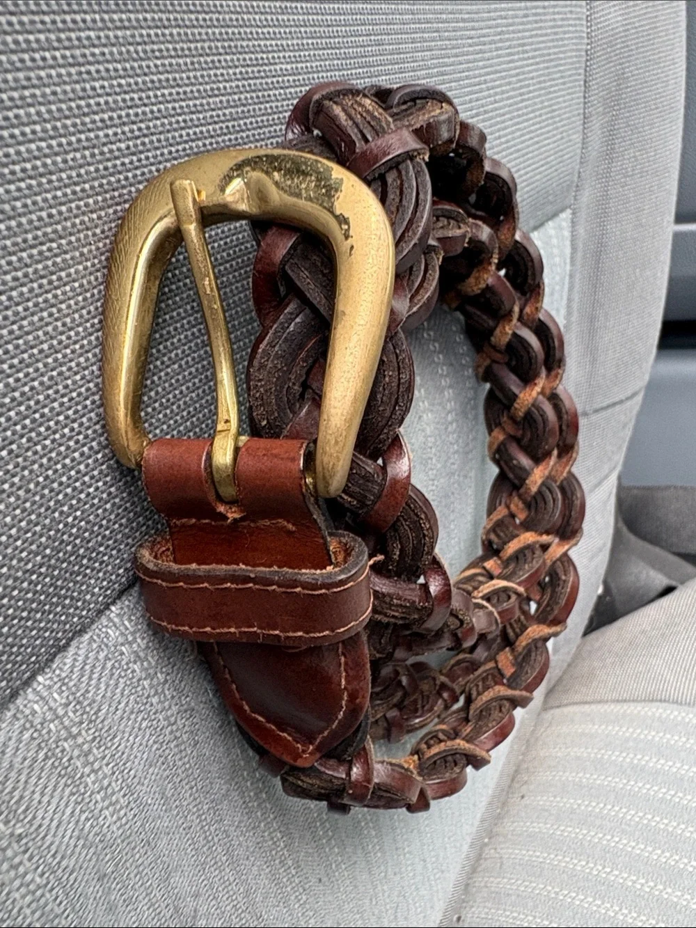 Braided Brown Leather Belt with Brass Buckle